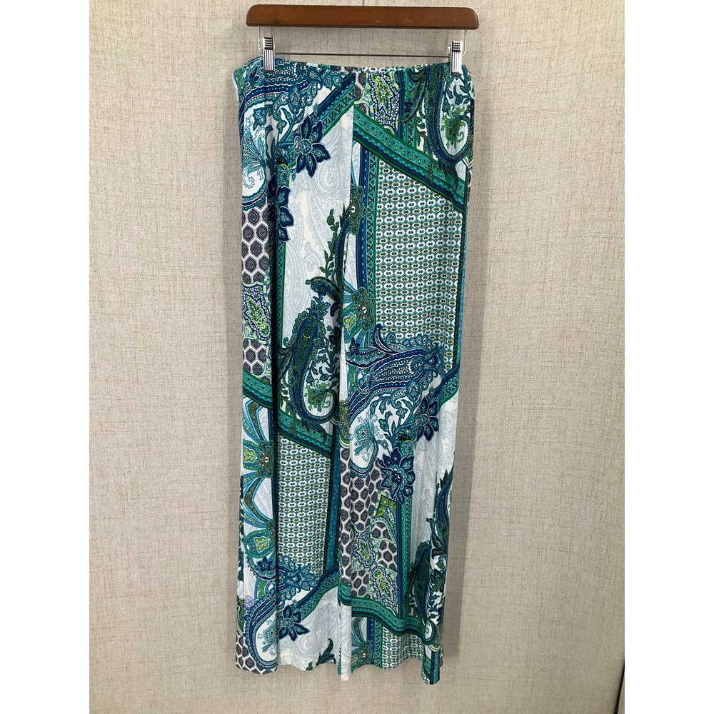 Chico's Wide Leg Pants‎ Women L Blue Green Paisley Slinky Stretchy Boho Resort